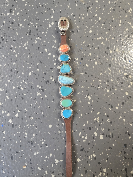 Native American Jewelry - Turquoise and Spiny Stone Leather Bracelet